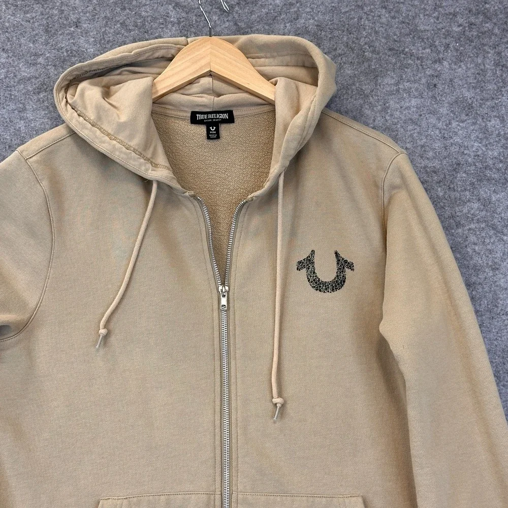 True‎ Religion Hoodie Sweatshirt Mens M Beige Full Zip Logo Front Back